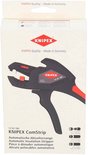 De verpakking van een Knipex automatische kabelstripper, met een afbeelding van de tang en specificaties.