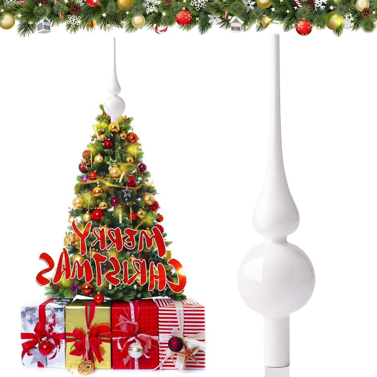 Glas kerstboom piek in wit, 26 cm hoog, porseleinen top.