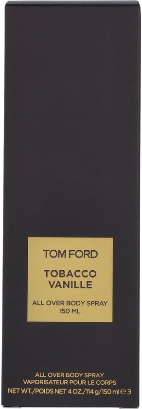 Zwarte doos met gouden etiket: TOM FORD TOBACCO VANILLE ALL OVER BODY SPRAY 150 ML.