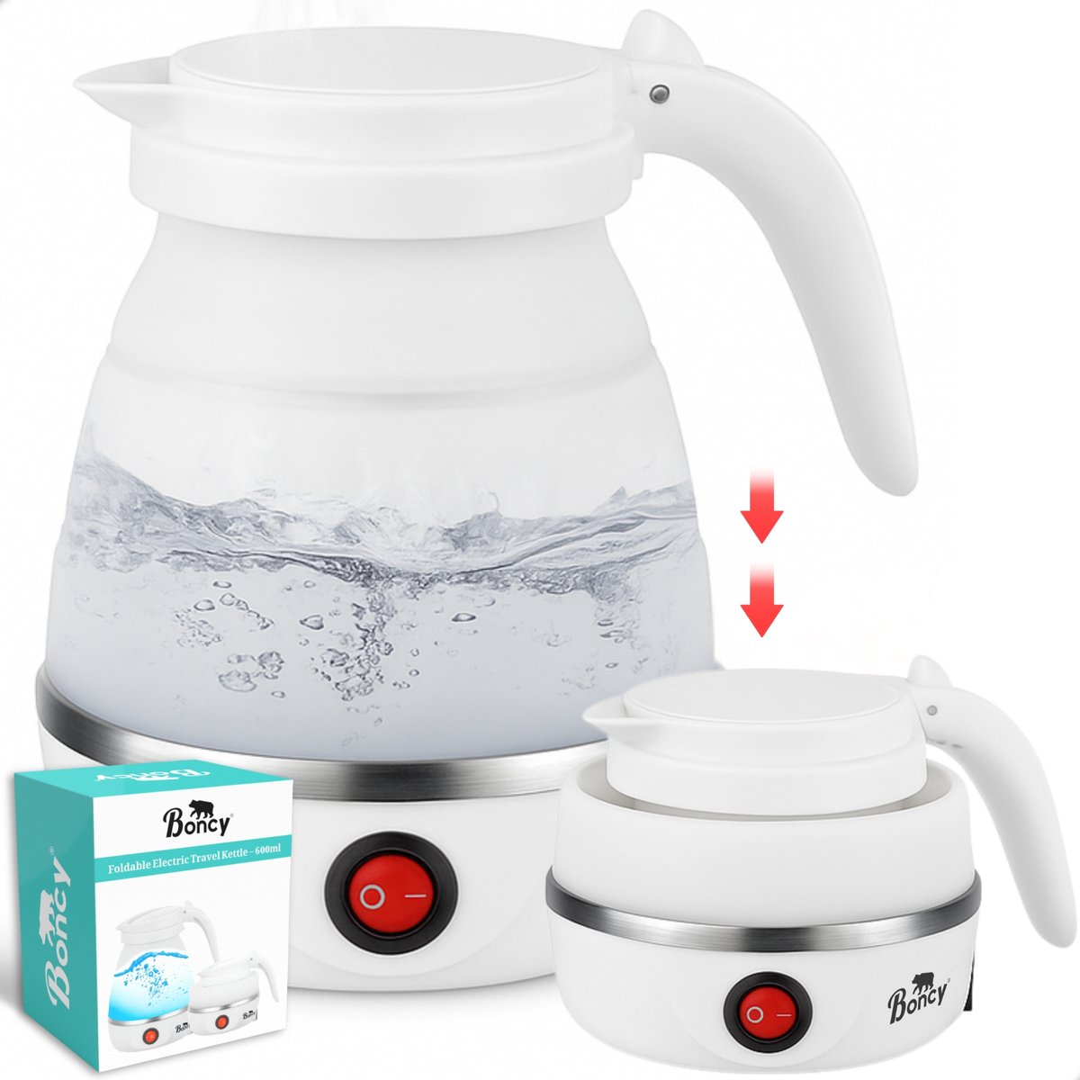 Boncy® Premium Mini Opvouwbare Waterkoker - 0.6 Liter Kleine Reiswaterkoker - Inklapbaar Wit - Reis Waterkokers voor Camping Hotel Senioren - Klein Draagbare Travel Water Koker Beige Creme - 0,5 L Grijs — afbeelding 1