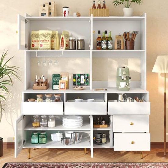 Wit dressoir, keukendressoir met 2 glazen deuren en 2 MDF-deuren Wit dressoir, keukendressoir met 2 glazen deuren en 2 MDF-deuren
