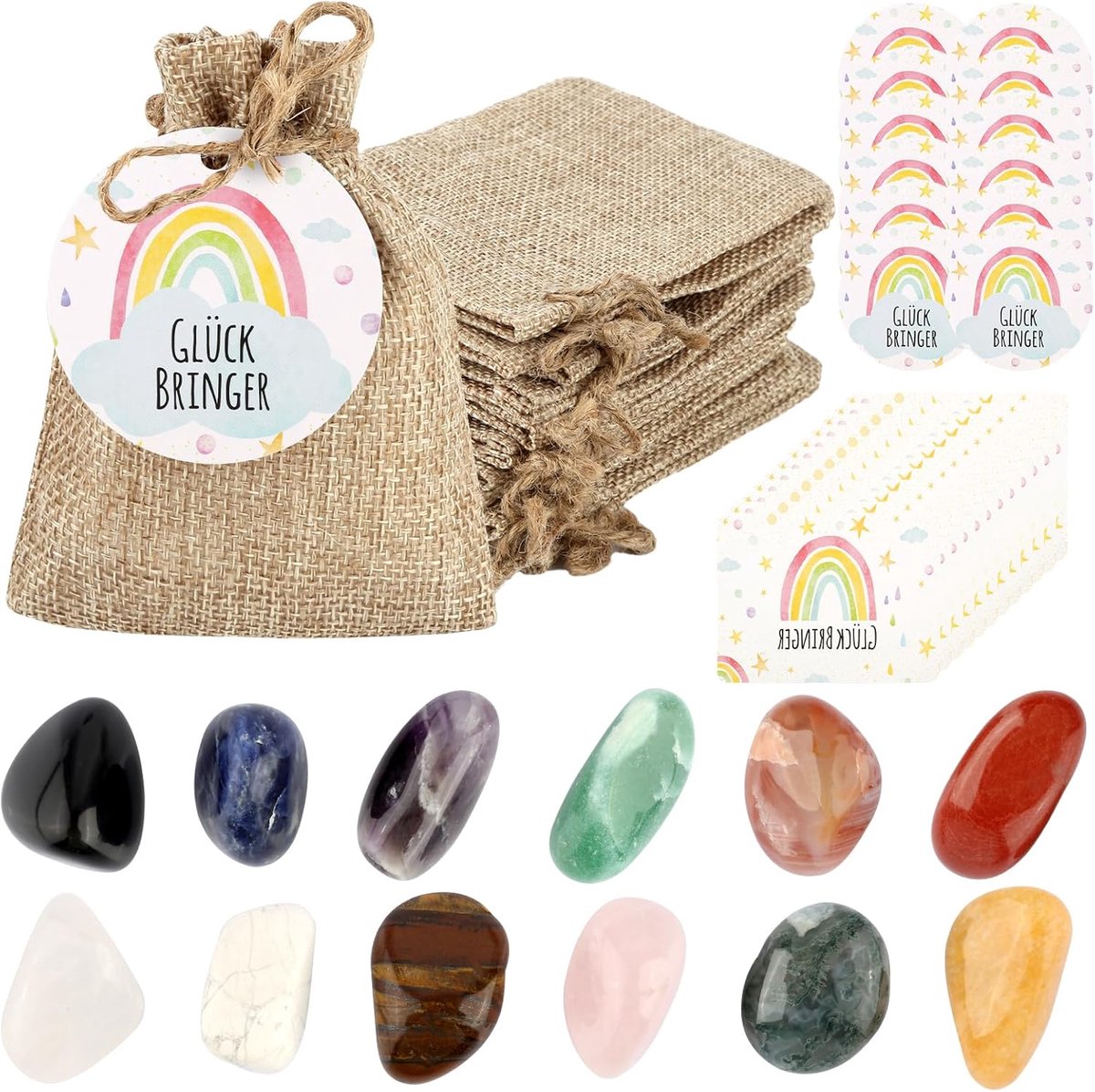 Set van 12 Gelukkige Stenen voor Kinderen - Kleurrijke Gelukkige Stenen met "Gelukscharme" Regenboog Wenskaarten - Feestgeschenk - Gelukscharme voor Kinderen - Verjaardag van Kinderen - Gastgeschenken
