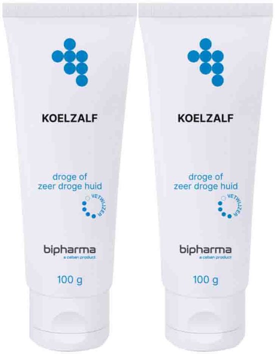 Twee witte tubes van 100 gr Bipharma Koelzalf met blauwe logo's en tekst.