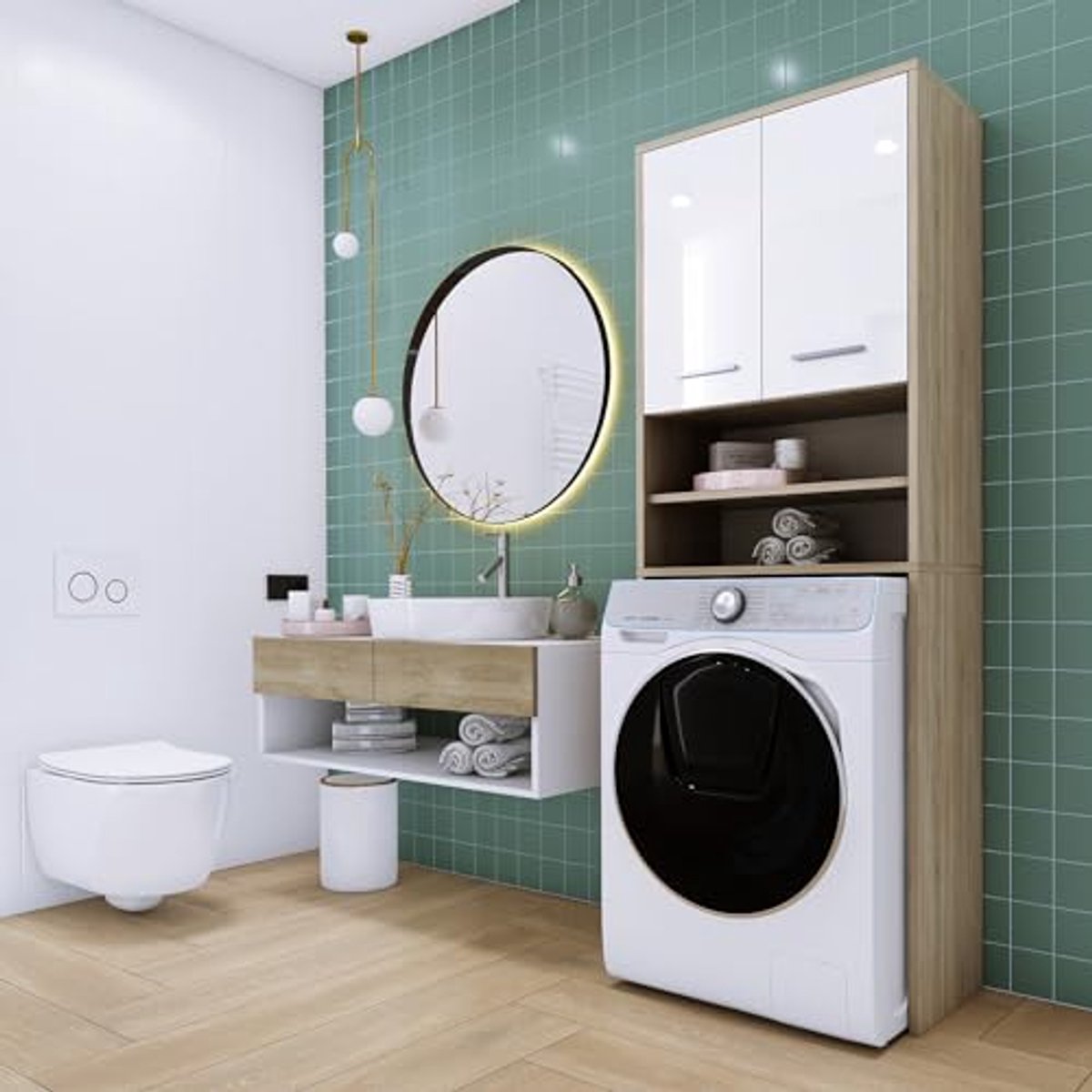 Wasmachinekast met 2 Deuren in Sonoma Eiken/Wit - Hoogkast voor Badkamer en Droger