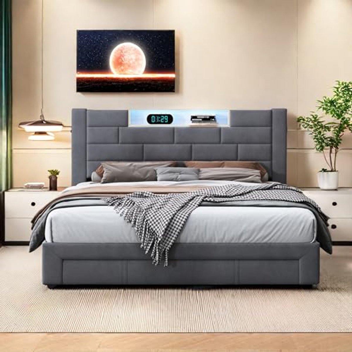 Tweepersoonsbed 160x200cm met boxspring, LED verlichting en USB oplaadfunctie, opbergruimte met lades, grijs fluweel