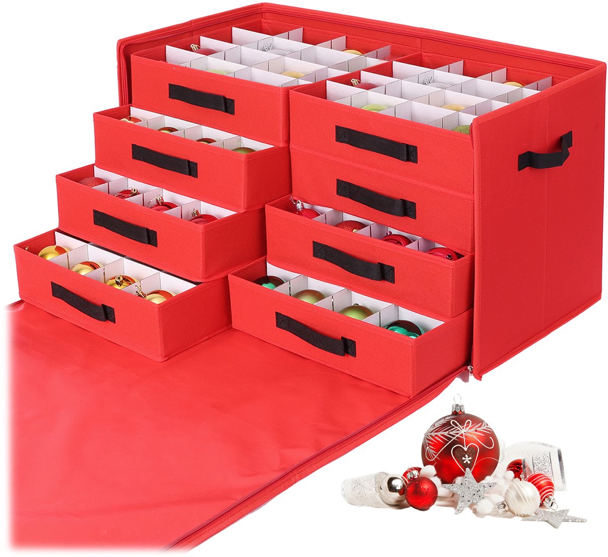 Kerstballen opbergbox - voor 128 ballen - met lades - rood