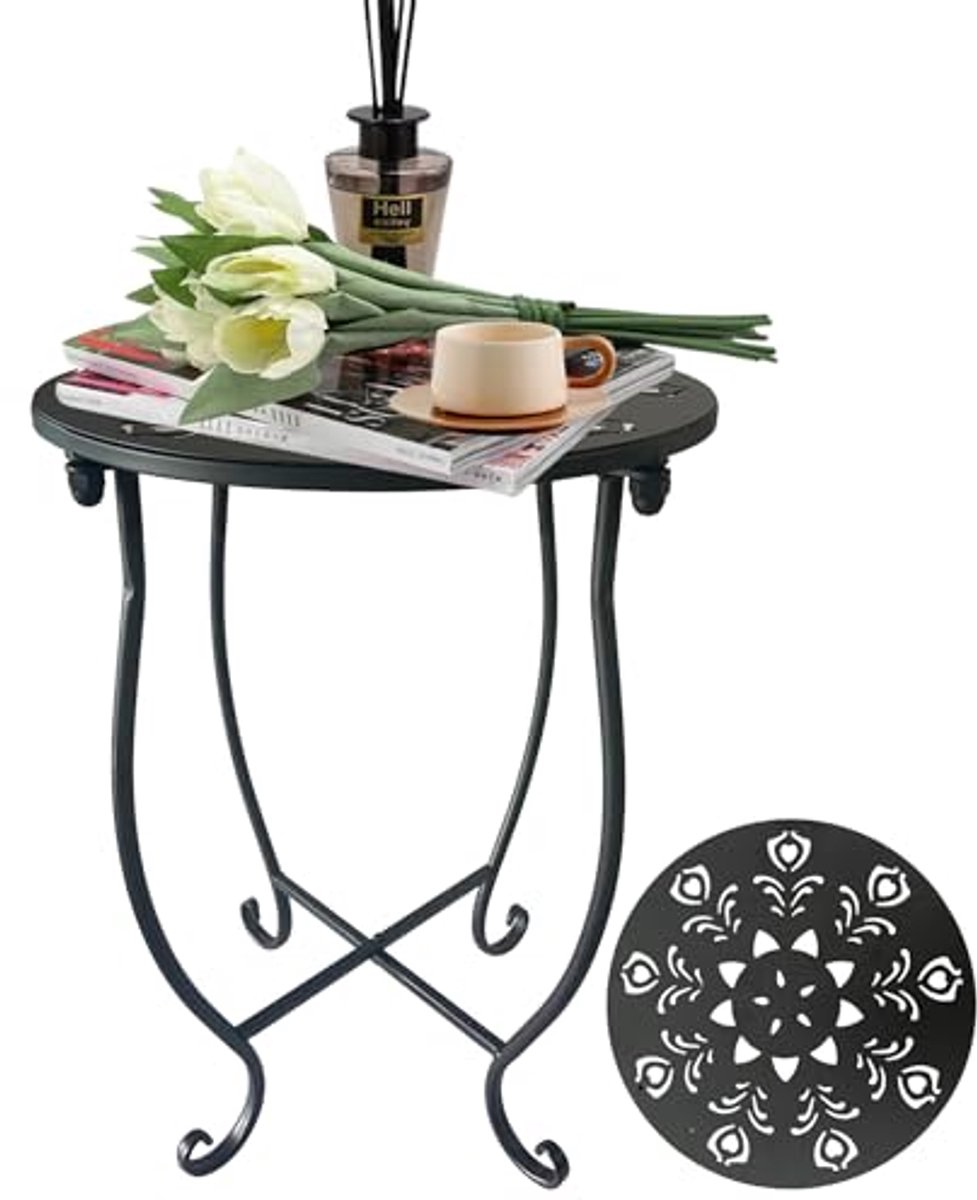 Ronde kleine bijzettafel voor buiten - moderne draagbare metalen tuintafel met bloem uitgesneden ontwerp
