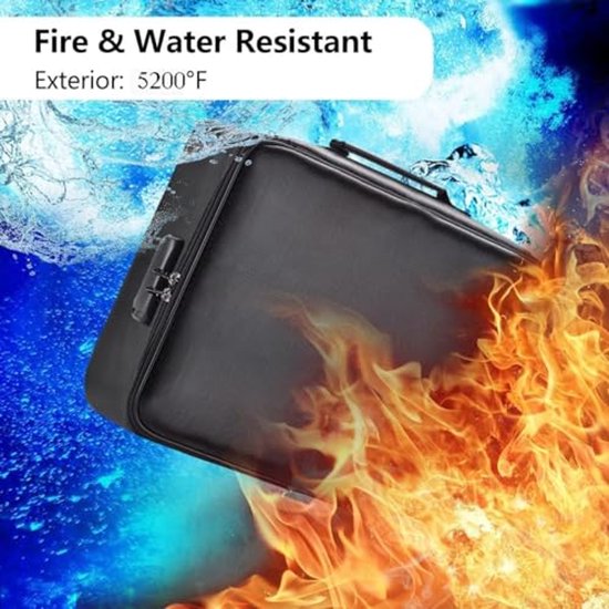 Zwarte documententas in vlammen en water, met de tekst 'Fire & Water Resistant'.