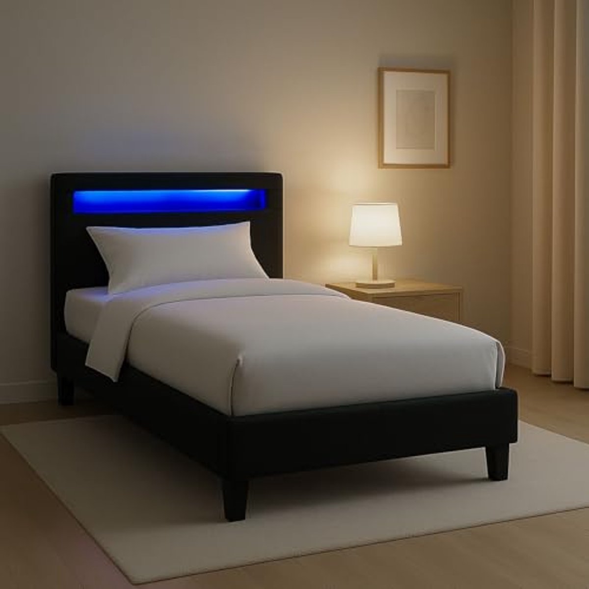 Gestoffeerd Eenpersoonsbed met LED Verlichting - Tienerbed 90x200 cm in Zwart