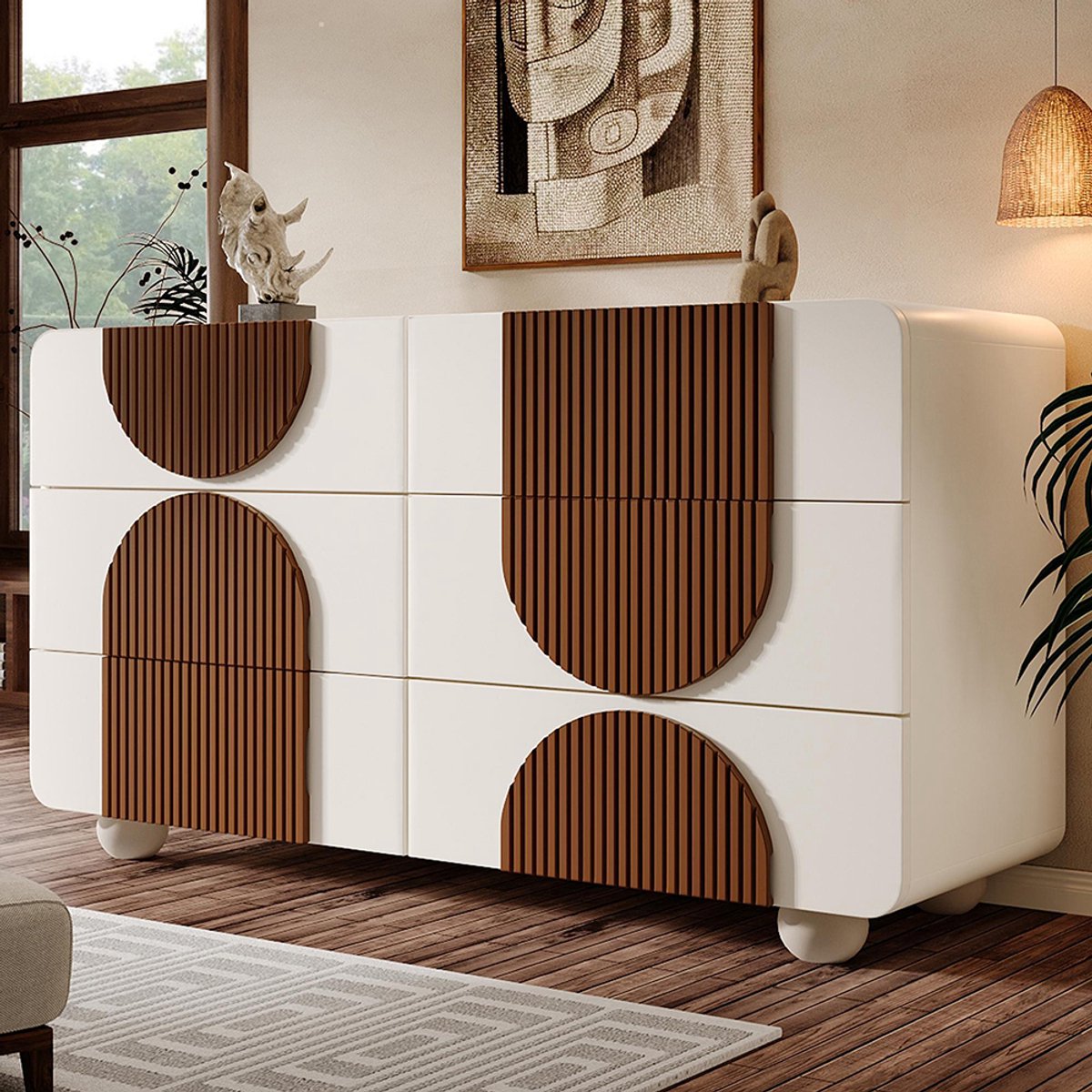Pugsdrly Commode met 6 lades en gebogen design, elegante witte buffetkast met chocoladekleurige houten latten, stille uitschuifbare lades en kantelbeveiliging, 121x71x41 cm (B/H/D)