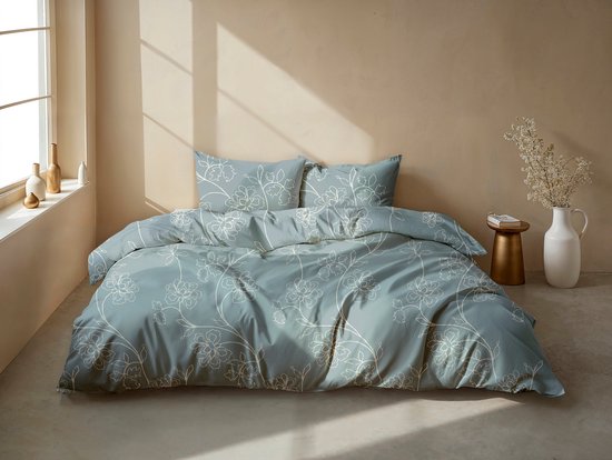 Housse de couette Zohome Alva - Blauw - Twin - Housse de couette 100% Katoen- Flanelle - Fleurs - 260x220 + 2 taies d'oreiller 60/70 cm