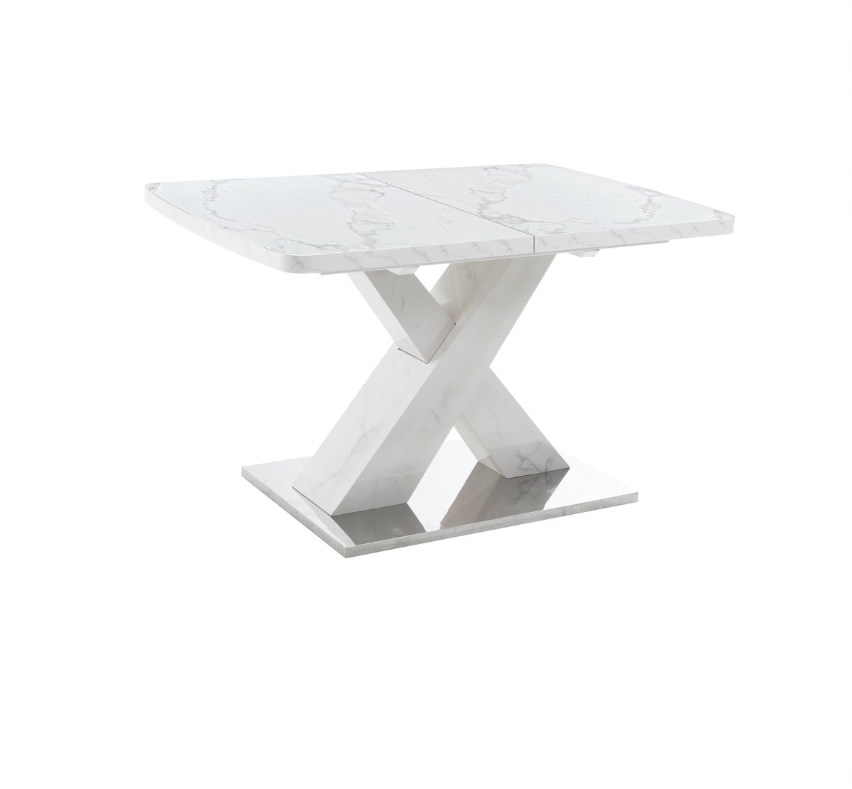 Merax Uitschuifbare Eettafel - Marmerlook Tafelblad - Rechthoekige Eettafel met X-Vorm Onderstel - MDF en Staal - Wit - 120–160×80×76,5 cm