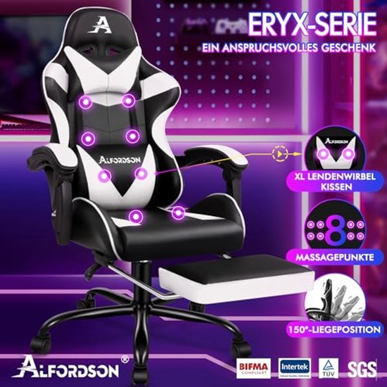 Gaming Massage Stoel - Ergonomische Bureaustoel met Hoof steun en Opvouwbare Voetensteun - Comfortabel en Verstelbaar - Draagvermogen 180 kg - Wit — afbeelding 2