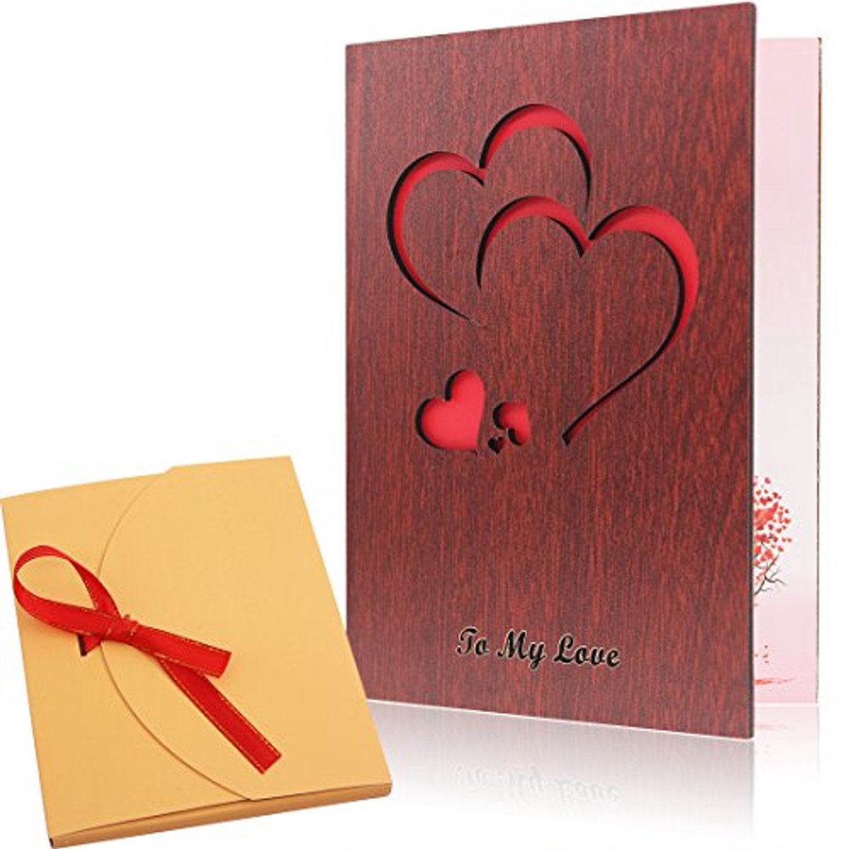 Handgemaakte Walnoot Houten Wenskaart voor Valentijnsdag en Verjaardag - Uniek Geschenkpakket met Opvouwbare Envelop