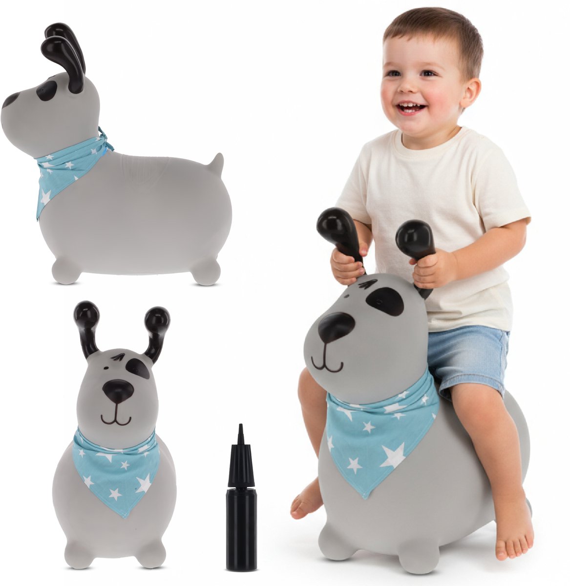 sun baby - Springdier met pomp vanaaf 1 jaar - Hond - grijs met bandana - max 50kg, duurzaam rubber, gecertificeerd, bpa-vrij, springpaard, springhond