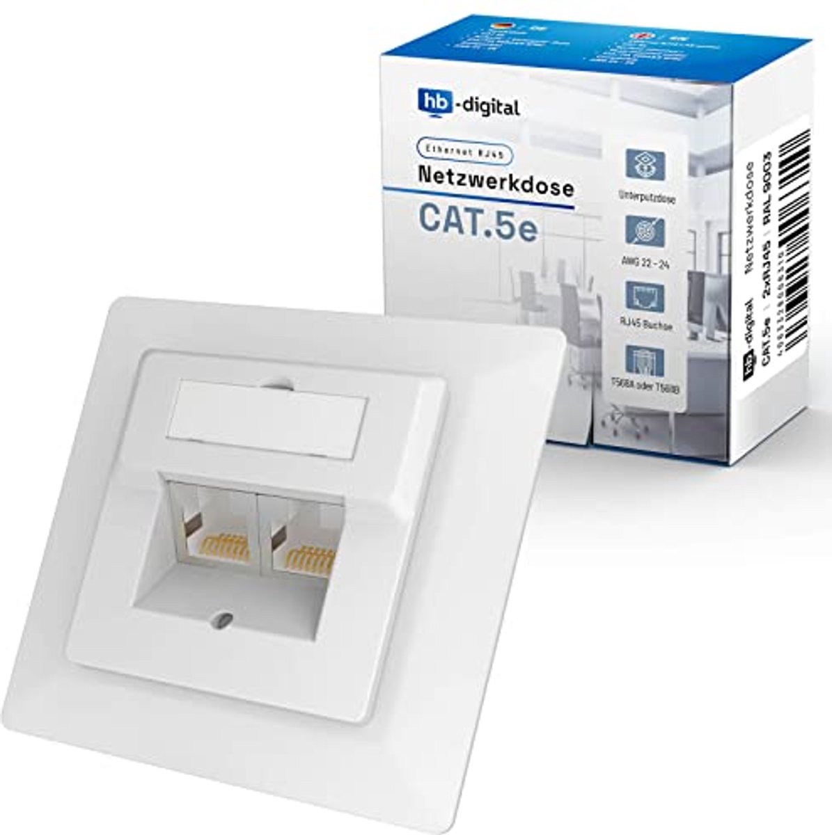 CAT 5e Netwerkdoos voor Ethernet, 2x RJ45, Universele Inbouwhuizing, EIA/TIA 568A & B, Signaalwit
