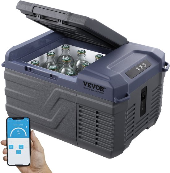 VEVOR koelbox geopend met bierflessen, met een hand die smartphone bediening toont.