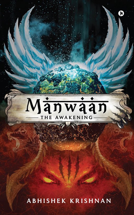Boekomslag van Manwaan: The Awakening met een bol, vleugels en drakenhoofden.