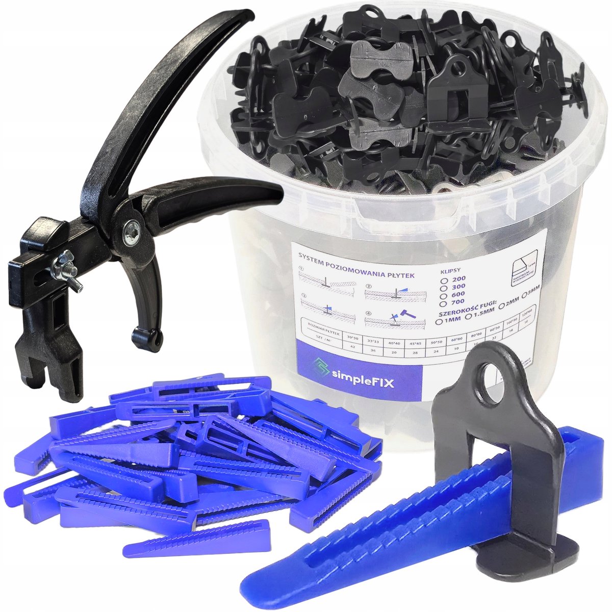 Tegel-nivelleringssysteemset: 500 clips 1 mm, 100 wiggen, tangen