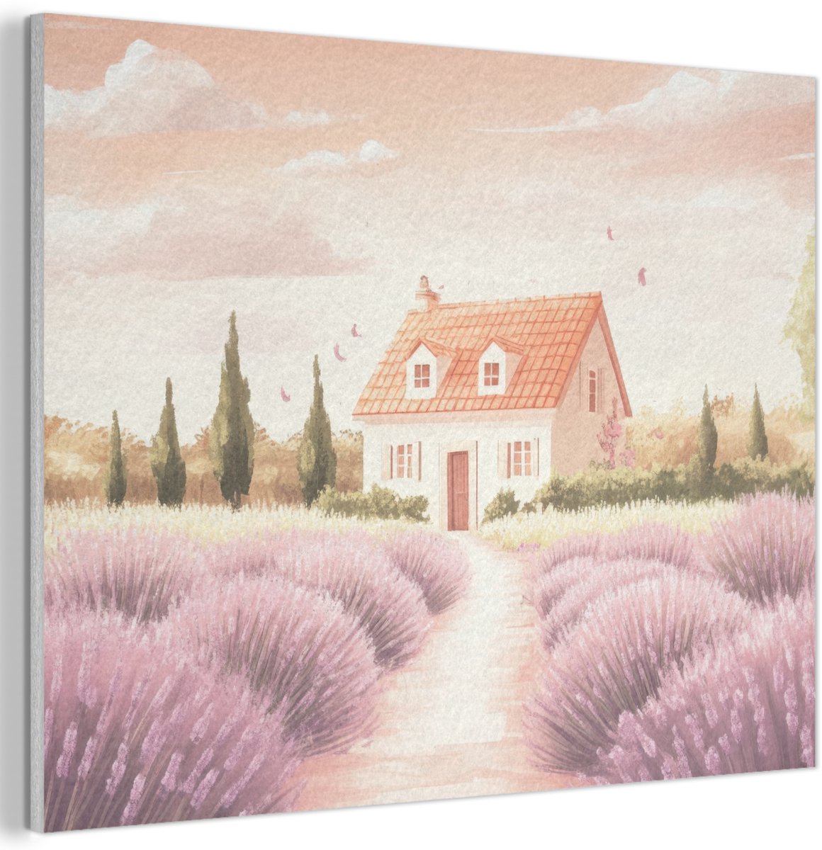 Akoestisch wandpaneel 100x70 cm - Vilt schilderij Lavendelveld - Huis - Paars - Akoestische panelen - Geluidsdempende wanddecoratie - Geluidsisolatie woonkamer - Muurdecoratie geluidspanelen