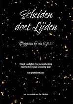 Boekomslag: 'Scheiden doet lijden' in witte sierletters, met gouden confetti op zwarte achtergrond.