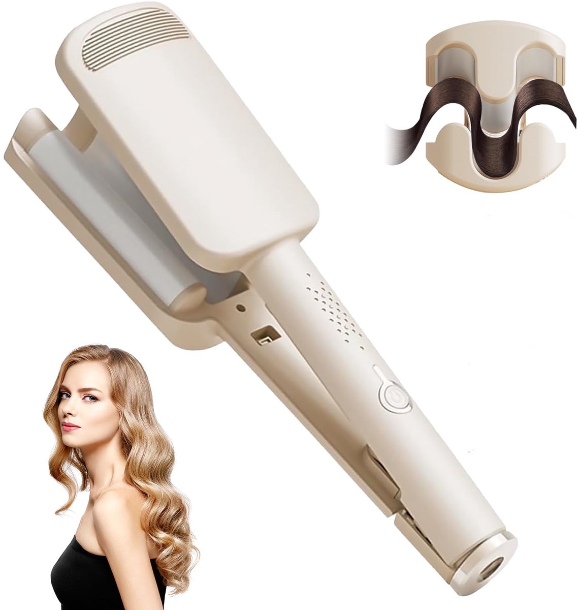 Ynkkvre -Franse Golf Krultang 32mm – Welleneisen met Instelbare Temperatuur, Keramische Haarstyler voor Zachte Grote Krullen - gebroken wit