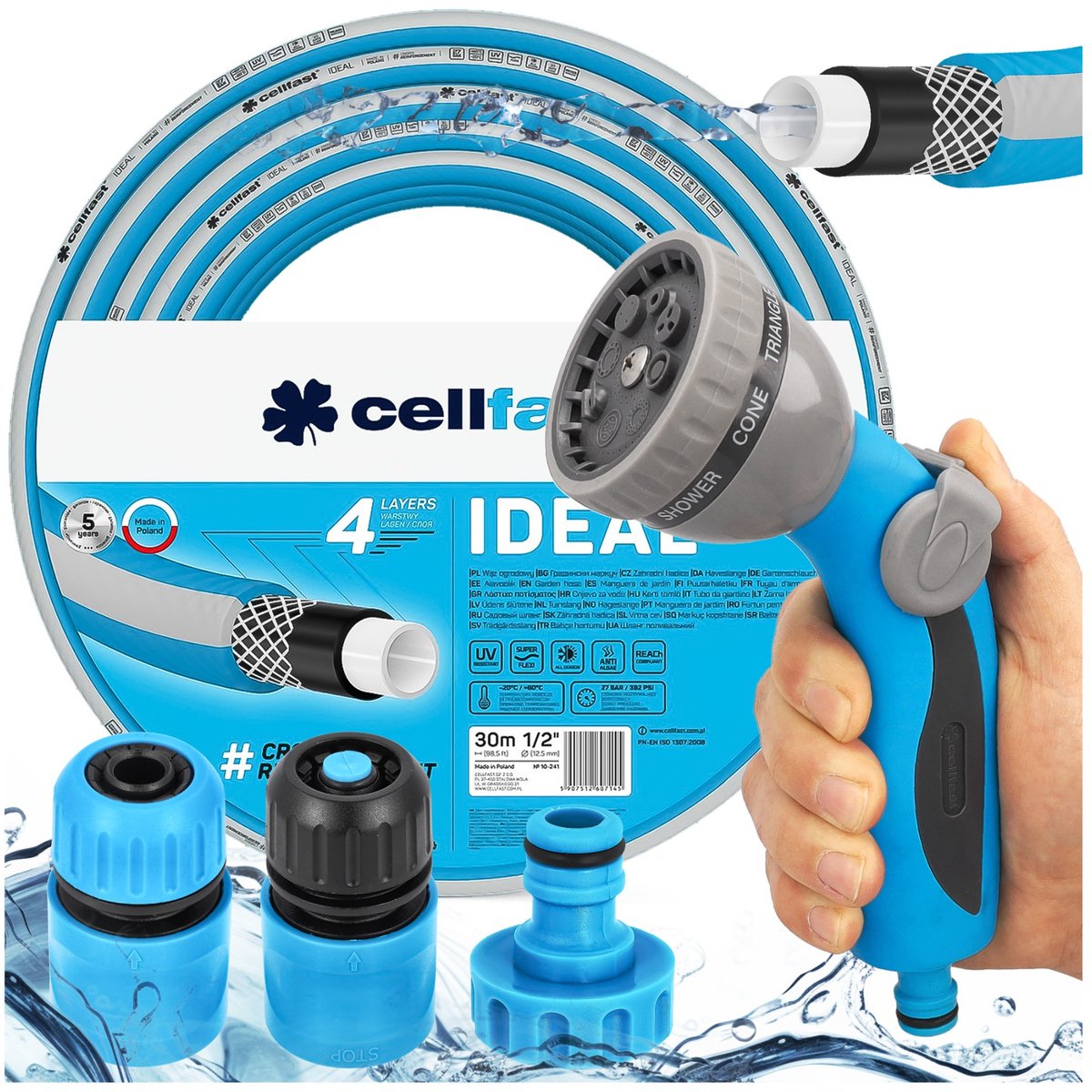 Tuinwaterslang 30m 1/2" met 8-functie spuitpistool en koppelingen