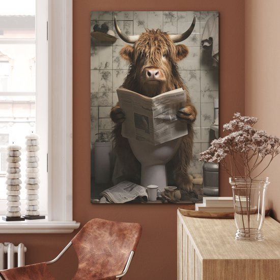 Akoestisch wandpaneel 70x100 cm - Vilt schilderij Schotse hooglander - Toilet - Krant - Badkamer - Akoestische panelen - Geluidsdempende wanddecoratie - Geluidsisolatie woonkamer - Muurdecoratie geluidspanelen