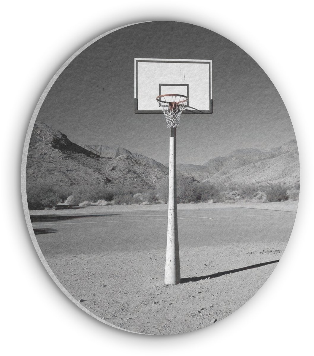 Akoestisch wandpaneel rond 80x80 cm - Vilt schilderij Basketbalpaal - Landschap - Zand - Wit - Ronde akoestische panelen - Geluidsdempende wanddecoratie - Geluidsisolatie wandcirkel - Muurdecoratie geluidspanelen