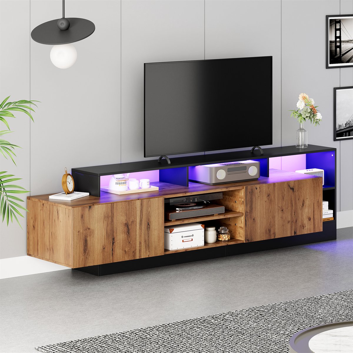 HAUSS SPOLE TV meubel - Modern TV-meubel met LED-verlichting, 2 Deuren en Open Opbergruimte - Voor televisies tot 70 inch - Voor woonkamer en slaapkamer - 190x40x48.5 cm - Spaanplaat - Houtkleur + Zwart