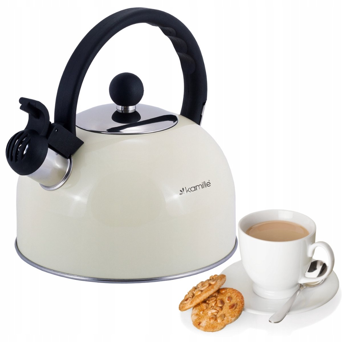 Kamille RVS Waterkoker met Fluitje - 2,5L - Geschikt voor Inductie - Beige
