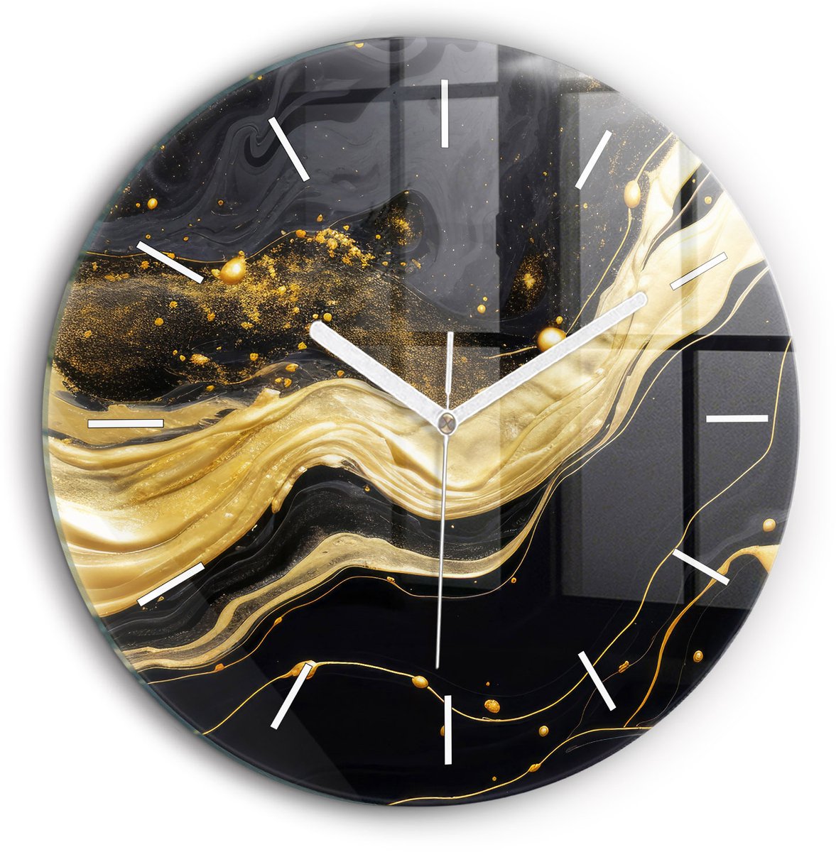 Wallfluent Wandklok - Gouden marmer Decoratieve Wandklok - 60 cm x 60 cm - Gouden Wandklok - Witte Handen - Wandklok Zonder Cijfers - Wandklok Glas Woonkamer - Ronde Glas Klok - Industrieel Wandklok - Stijlvolle Klok