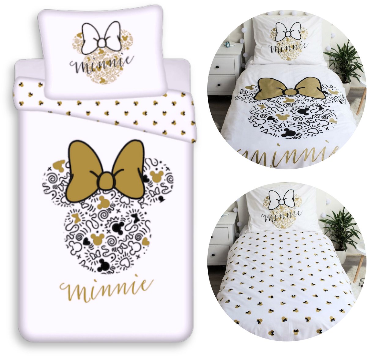 DISNEY Minnie Mouse Wit DUBBELZIJDIG, kinderbeddengoed met ritssluiting, 100% KATOEN 140x200+70x90cm OEKO-TEX