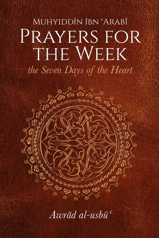 Boek kaft met tekst "Prayers for the Week" en een cirkelvormig patroon op een bruine, lederen achtergrond.