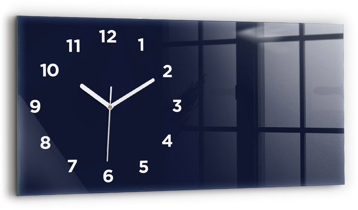 Wallfluent Wandklok - Donker marineblauw Glazen Klok Rechthoekige - 60 cm x 30 cm - Donker marineblauw Wandklok - Witte Handen - Wandklok Met Cijfers - Stille Wandklok Slaapkamer - Glas Klok - Industrieel Wandklok - Rechthoekige Glazen Wandklok