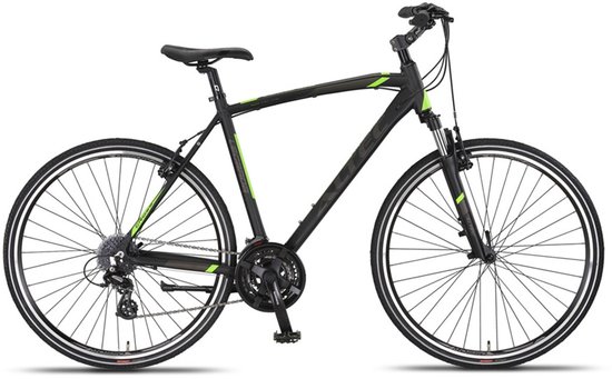 Zwarte herenfiets met groene accenten, van de zijkant gezien.