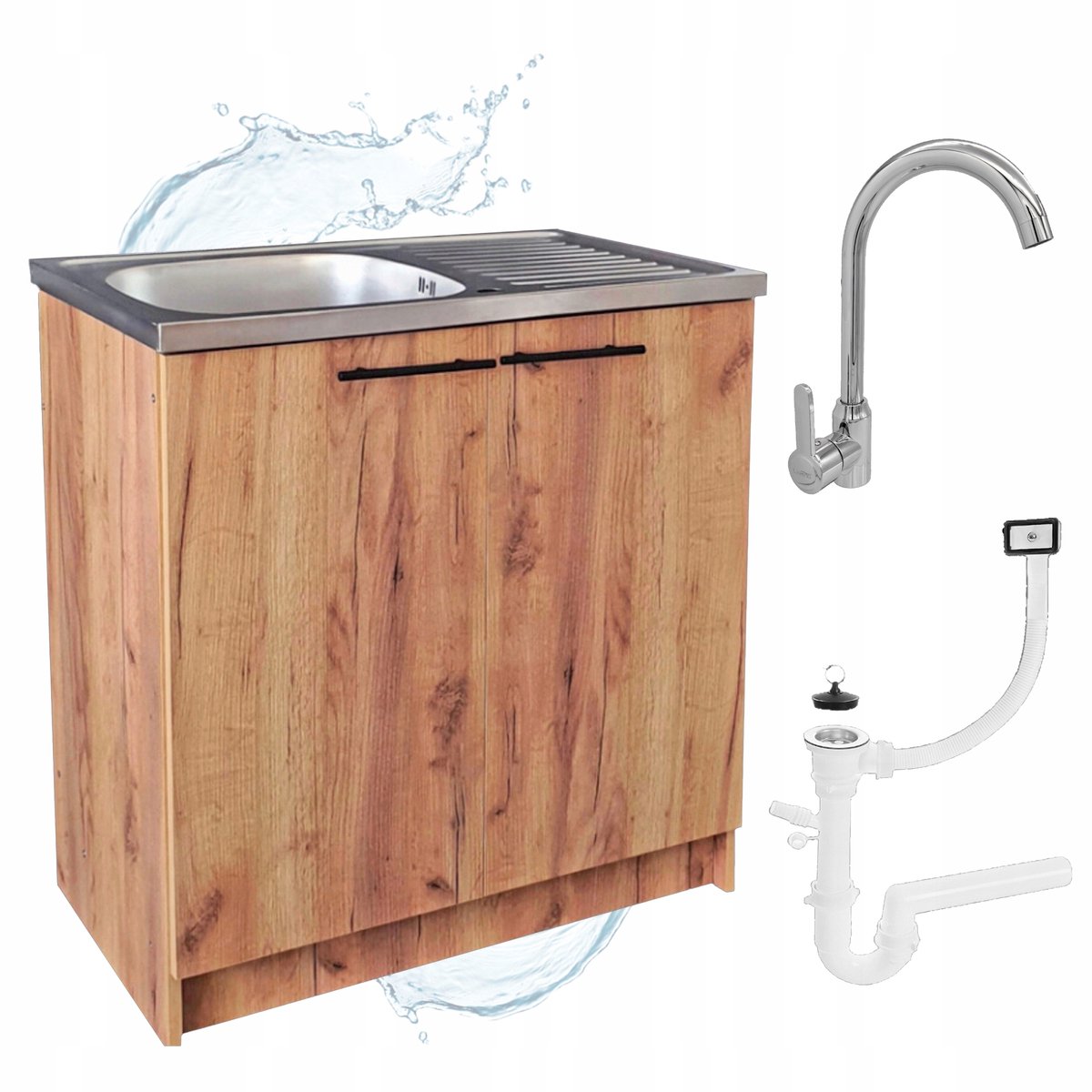 STAMAR - Keukenkast 80cm - Onderkast met Spoelbak met één compartiment + kraan + sifon - Eiken Goud