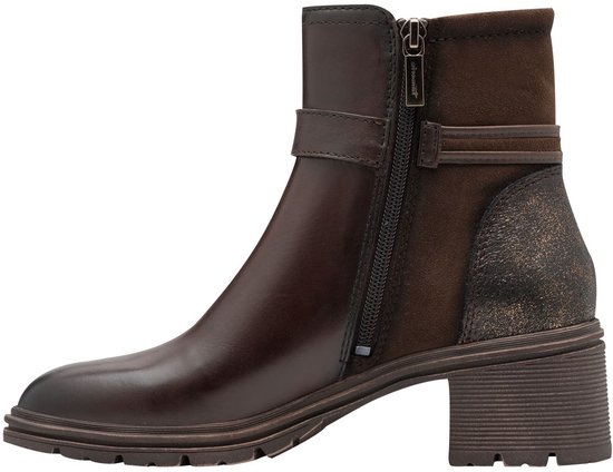 Binnenzijde van een bruine Tamaris enkellaars met rits en glitterdetail bij de hiel.