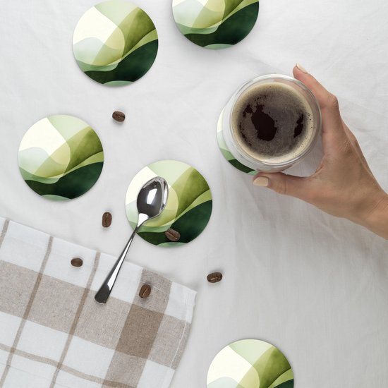 Sous-verres de verre - Rond - Vagues - Abstrait - Vert clair - Ornement - 10x10 cm - Dessous de verre - 6 pièces