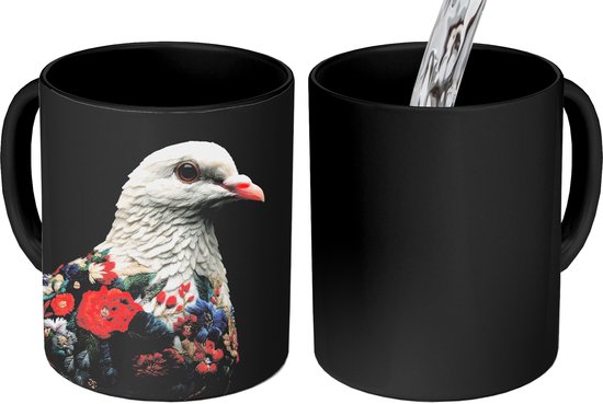 Magische Mok - Foto op Warmte Mokken - Koffiemok - Duif - Bloemen - Wit - Zwart - Magic Mok - Beker - 350 ML - Theemok