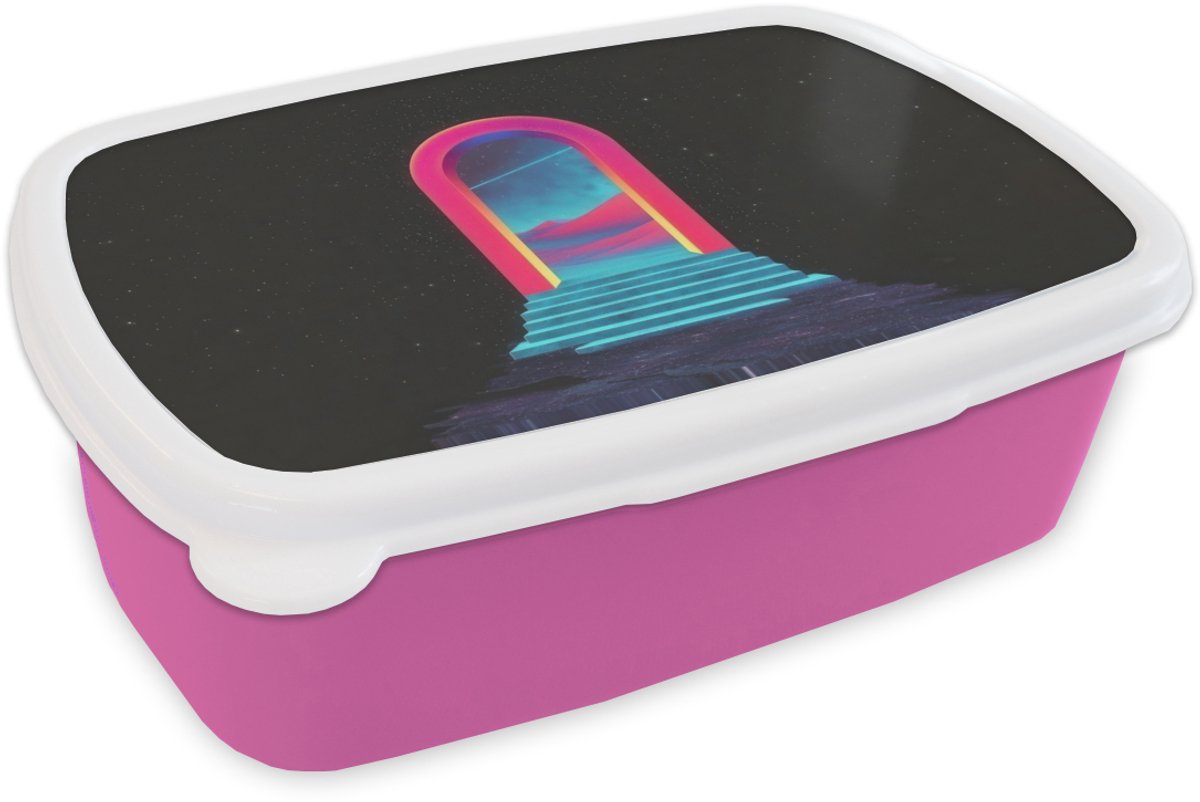 Broodtrommel Roze - Lunchbox Poortje - Landschap - Sterrenhemel - Roze - Brooddoos 18x12x6 cm - Brood lunch box - Broodtrommels voor kinderen en volwassenen