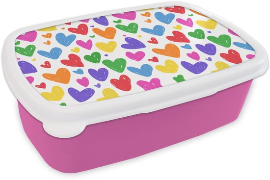 Broodtrommel Roze - Lunchbox Hartjes - Patroon - Kleurrijk - Tekening - Brooddoos 18x12x6 cm - Brood lunch box - Broodtrommels voor kinderen en volwassenen