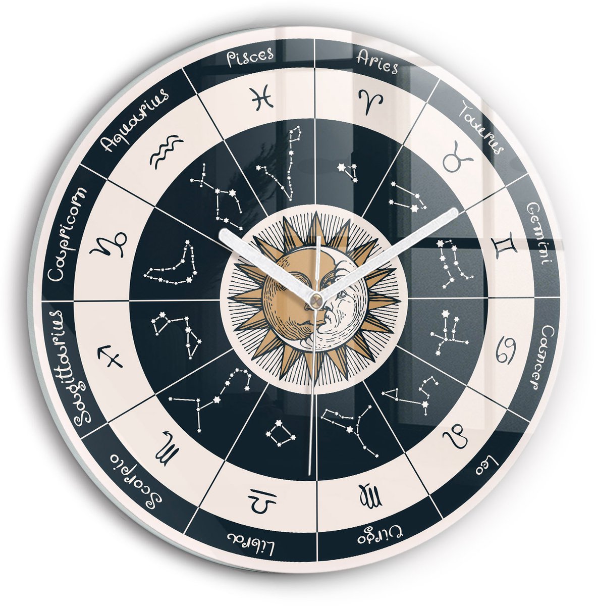 Wallfluent Wandklok - Dierenriemconstellaties Klok met Afbeelding - 30 cm x 30 cm - Veelkleurig Wandklok - Witte Handen - Klok zonder getallen - Kinder Wandklok Glas - Decoratieve Wandklok - Design Wandklok - Klok als Muurdecoratie
