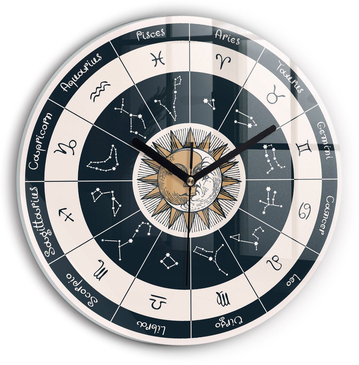 Wallfluent Wandklok - Dierenriemconstellaties Stijlvolle Klok - 30 cm x 30 cm - Veelkleurig Wandklok - Zwarte Handen - Klok zonder getallen - Wandklok voor in de Keuken - Klok met Print - Kunstzinnige Klok - Klok met Afbeelding