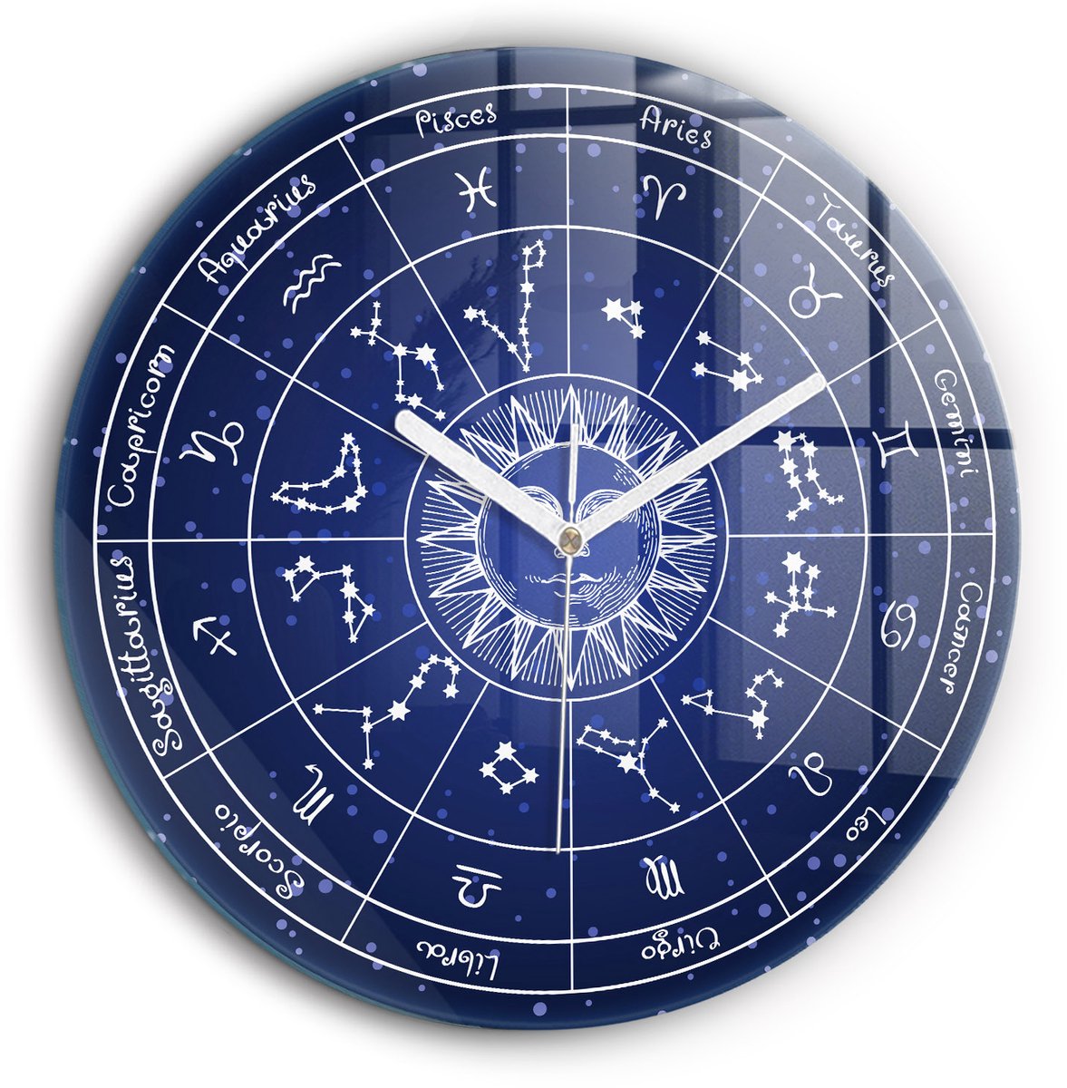 Wallfluent Wandklok - Dierenriemconstellaties Klok met Afbeelding - 60 cm x 60 cm - Blauw Wandklok - Witte Handen - Klok zonder getallen - Kinder Wandklok Glas - Klok met Afbeelding - Moderne Wandklok - Klok als Muurdecoratie
