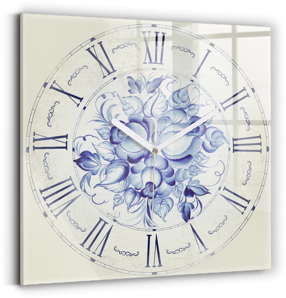 Wallfluent Wandklok - Blauwe bloemen Klok als Muurdecoratie - 30 cm x 30 cm - Grijs Wandklok - Witte Handen - Klok zonder getallen - Kinder Wandklok Glas - Decoratieve Wandklok - Design Wandklok - Stijlvolle Klok
