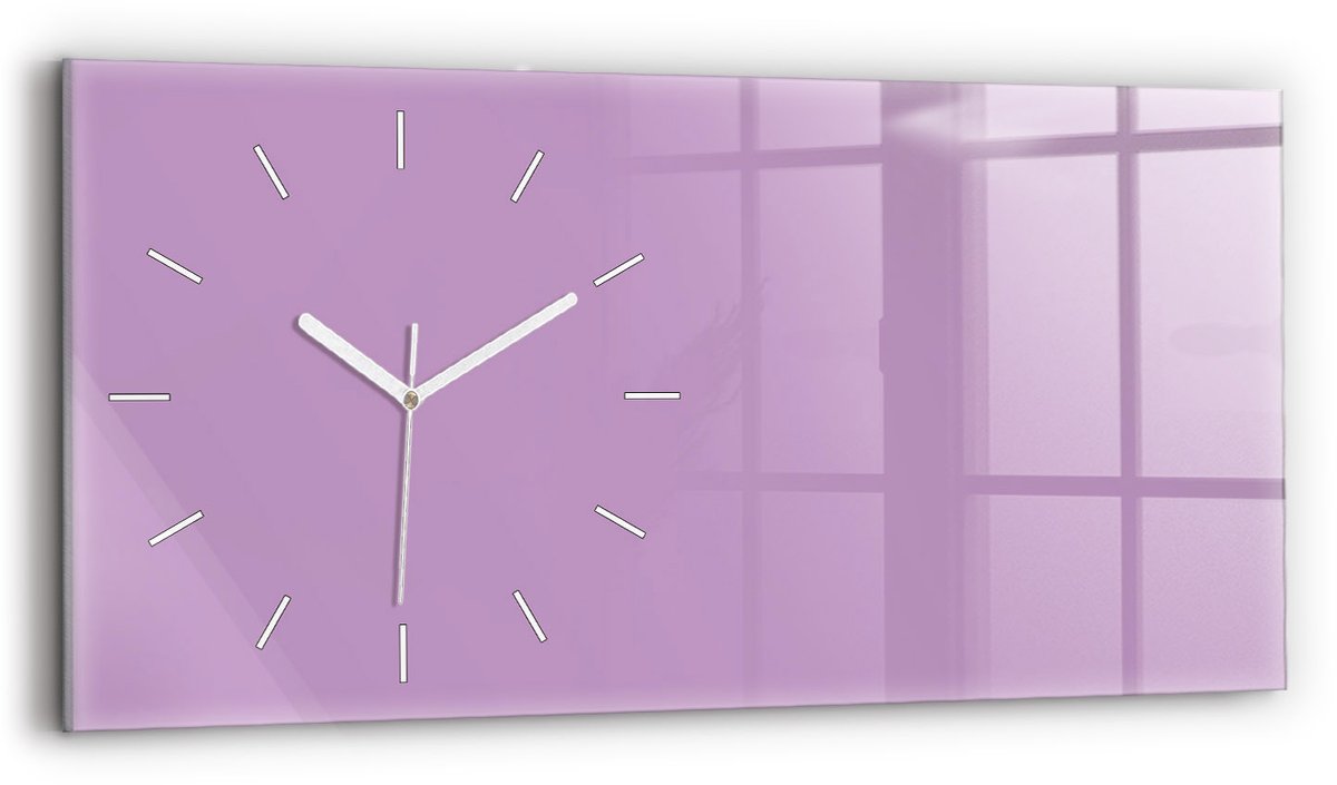 Wallfluent Wandklok - Lila Rechthoekige Glazen Wandklok - 60 cm x 30 cm - Lila Wandklok - Witte Handen - Wandklok Zonder Cijfers - Stille Wandklok Slaapkamer - Glazen Klok Rechthoekige - Minimalistisch Wandklok - Rechthoekige Glas Klok