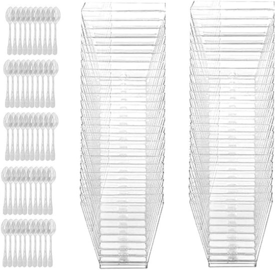 DLux 280 x 85 ml mini-dessertbekers met lepels en deksels, vierkant en hoog - Doorzichtige plastic parfait-voorgerechtbeker - Kleine herbruikbare serveerschaal voor feestjes - met receptenboek