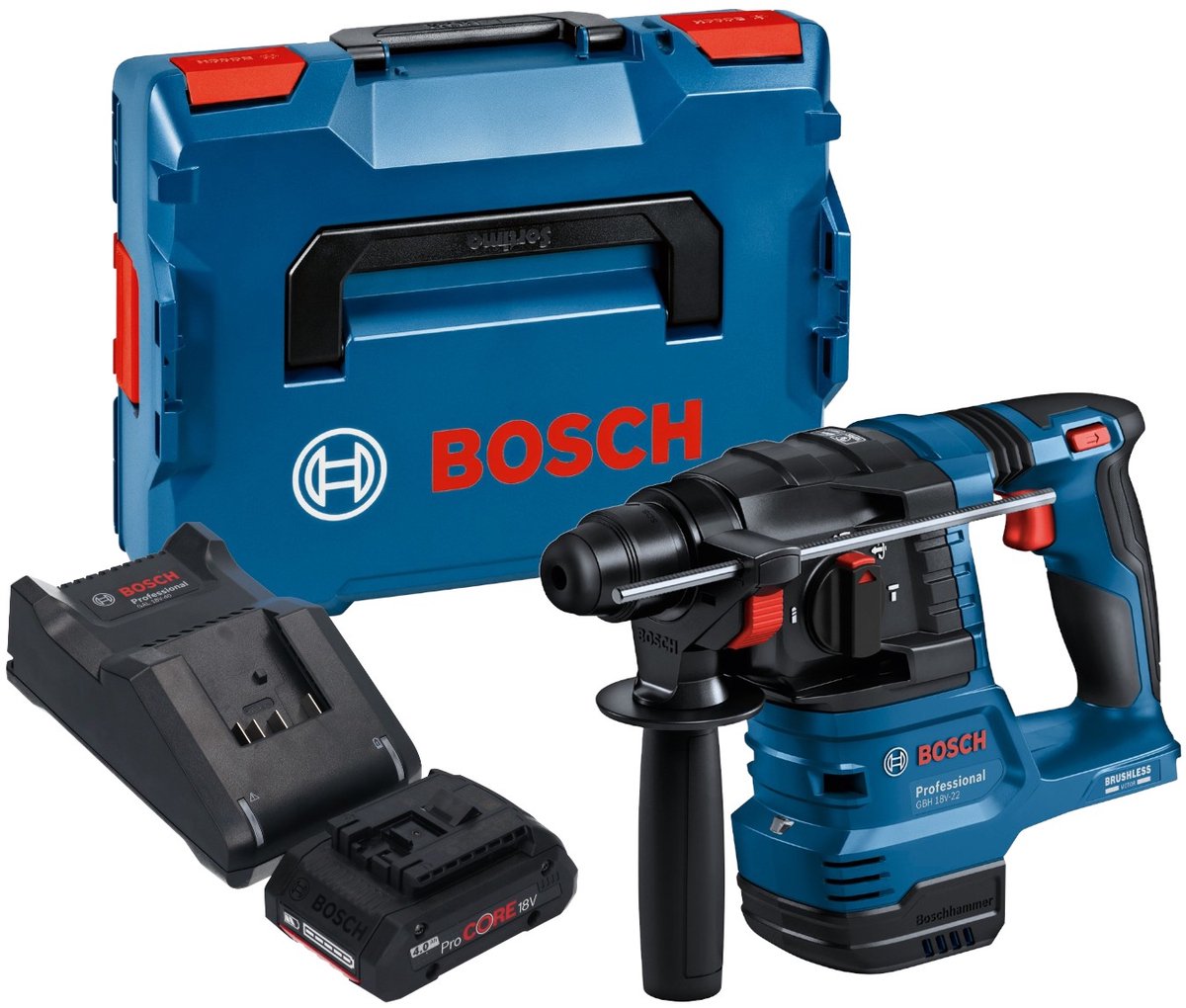 Bosch GBH 18V-22 Professional accu-boorhamer 18 V 1,9 J SDS Plus Brushless + 1x ProCORE accu 4,0 Ah + oplader + L-Boxx