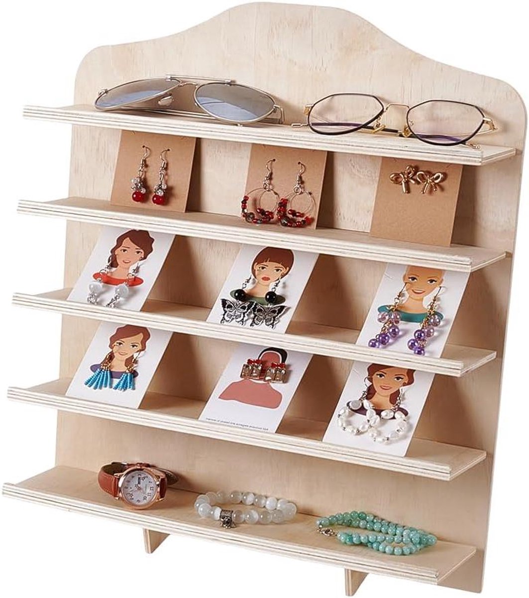 Allecto plus - Houten Sieraden Display Rack 5 Tier - DIY Oorbel Ketting Armband Houder - Opslag Standaard voor Ring Horloge Bril